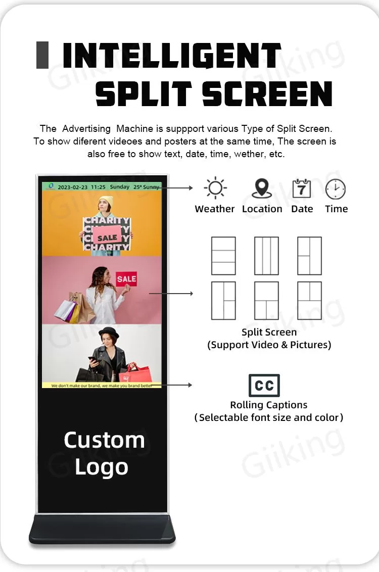 Digital signage kiosk-floor standing digital signage-kiosk digital signage supplier-Split Screen for different contents, including video, pictures, etc