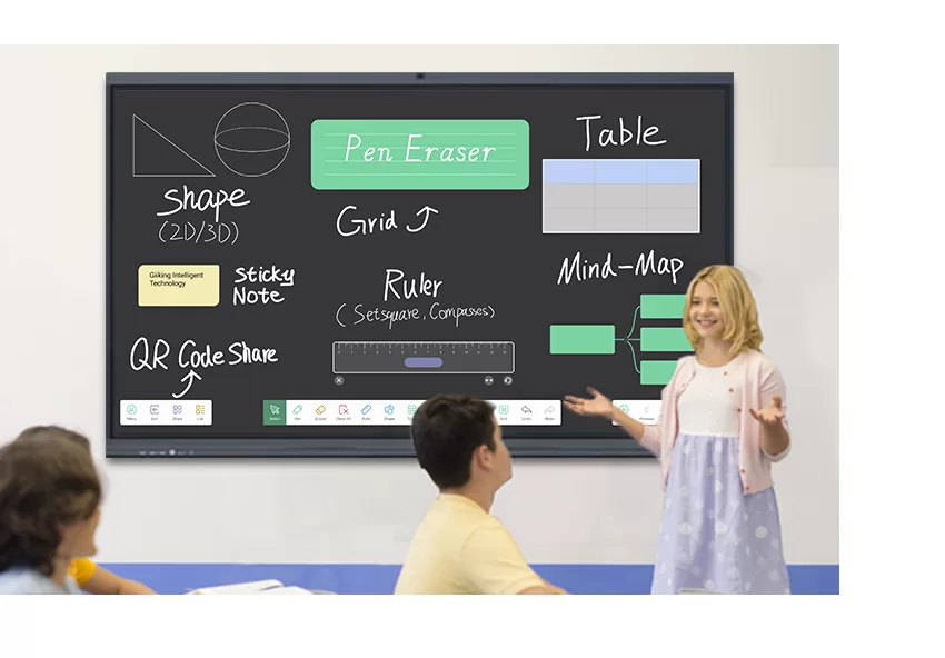 M1 Series Interactive whiteboard display with versatile tools including pen, eraser, shape drawing, and other teaching aids for enhanced learning and collaboration.
