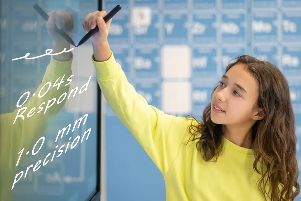 Interactive whiteboard with smooth writing capabilities, providing a seamless and responsive writing experience for interactive classroom activities.